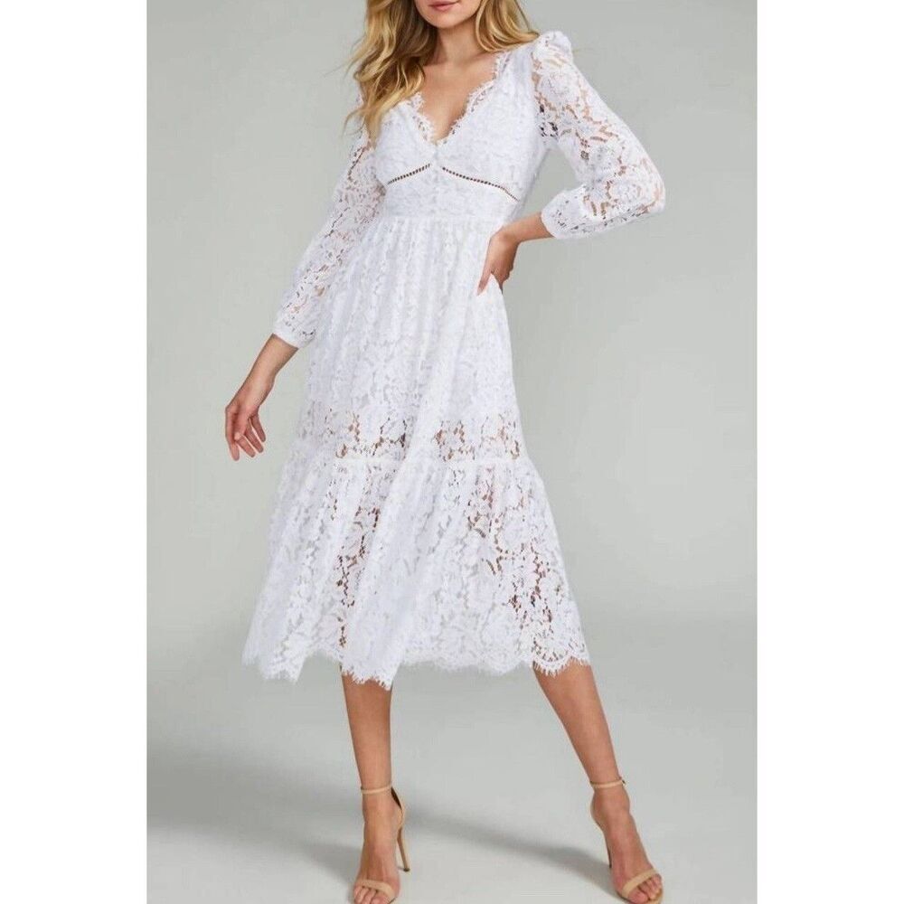 Generation Love White Lace Midi Dress V-Neck Long Sleeve Bridal XS New - Picture 1 of 13